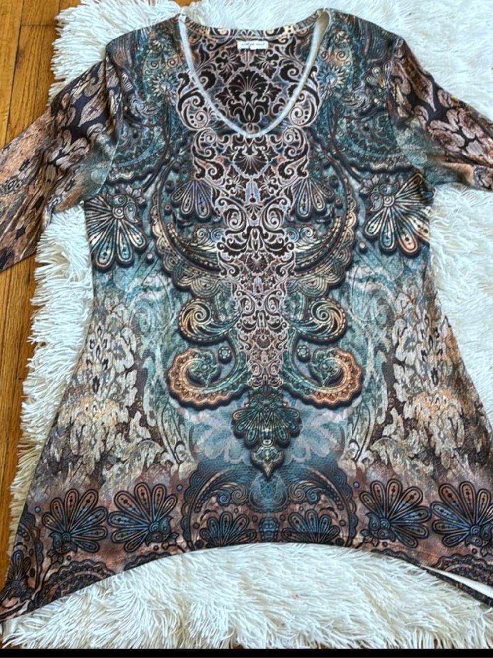 Indigo Soul Boho Paisley-Print Long Sleeve Top - Teal & Brown